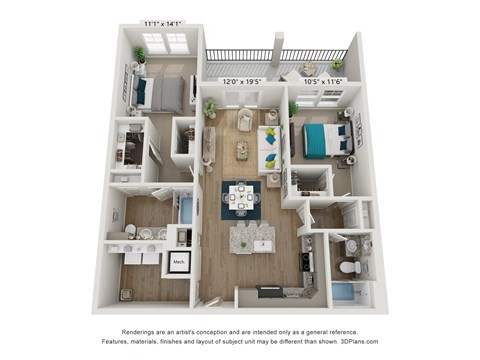 Floor plan for 2 beds, 2 baths, 1132 sqft